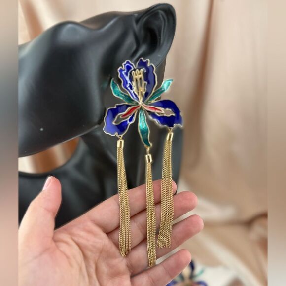 Iris Bloom Statement Earrings with Tassels - Picture 7 of 7